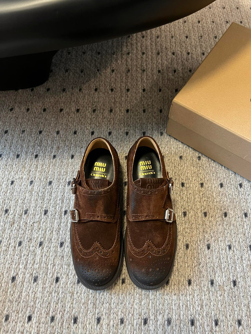 MIUMIU 26S LACE-UP BROGUE LOAFERS IN CHOCOLATE BROWN SUEDE