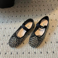 MIUMIU 26S BALLERINA FLATS IN BLACK MESH CALFSKIN WITH RHINESTONES