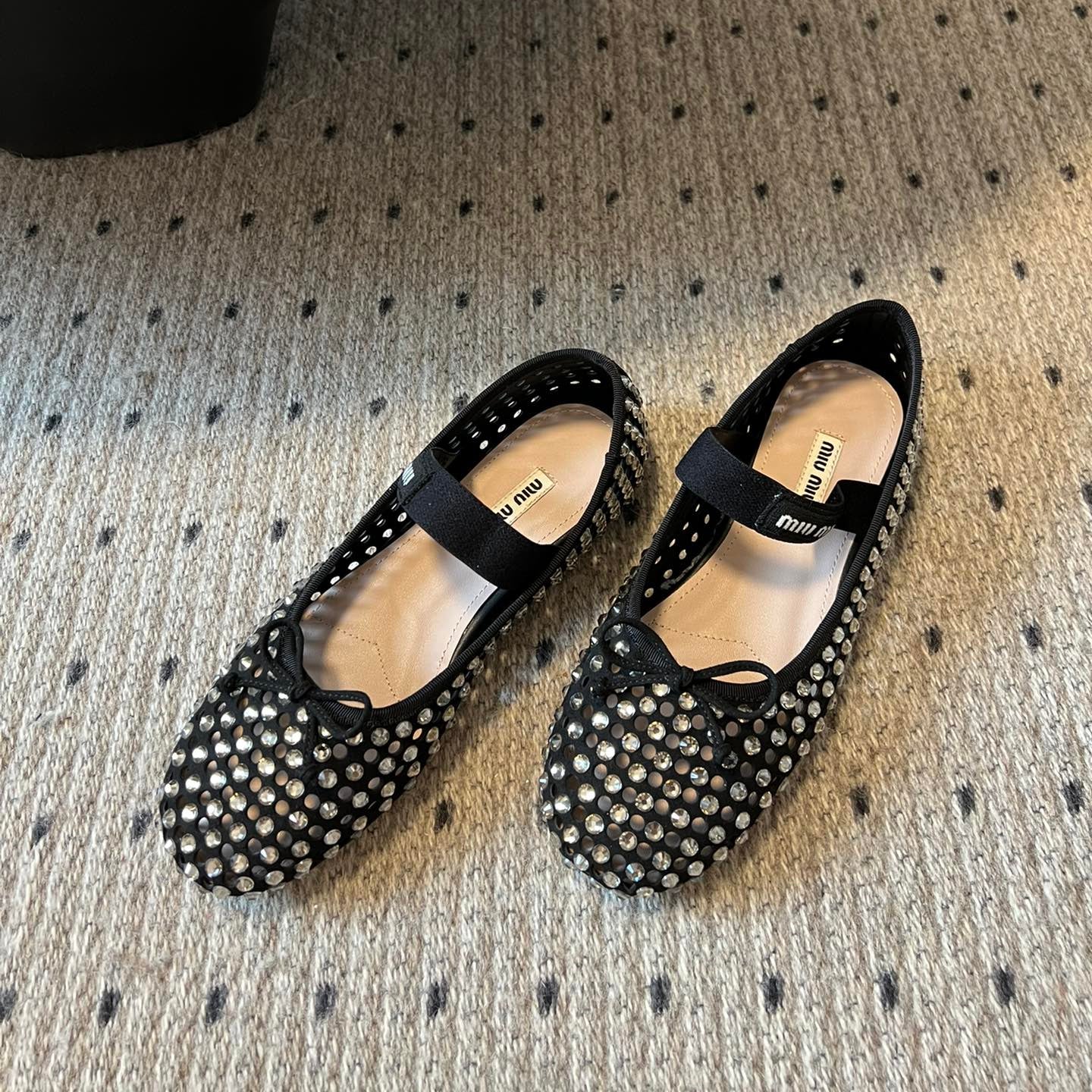 MIUMIU 26S BALLERINA FLATS IN BLACK MESH CALFSKIN WITH RHINESTONES