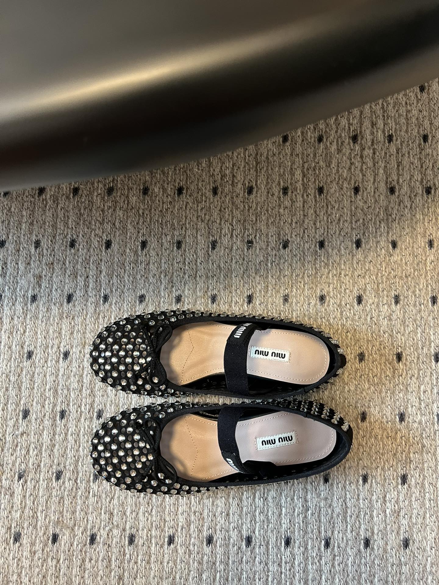 MIUMIU 26S BALLERINA FLATS IN BLACK MESH CALFSKIN WITH RHINESTONES