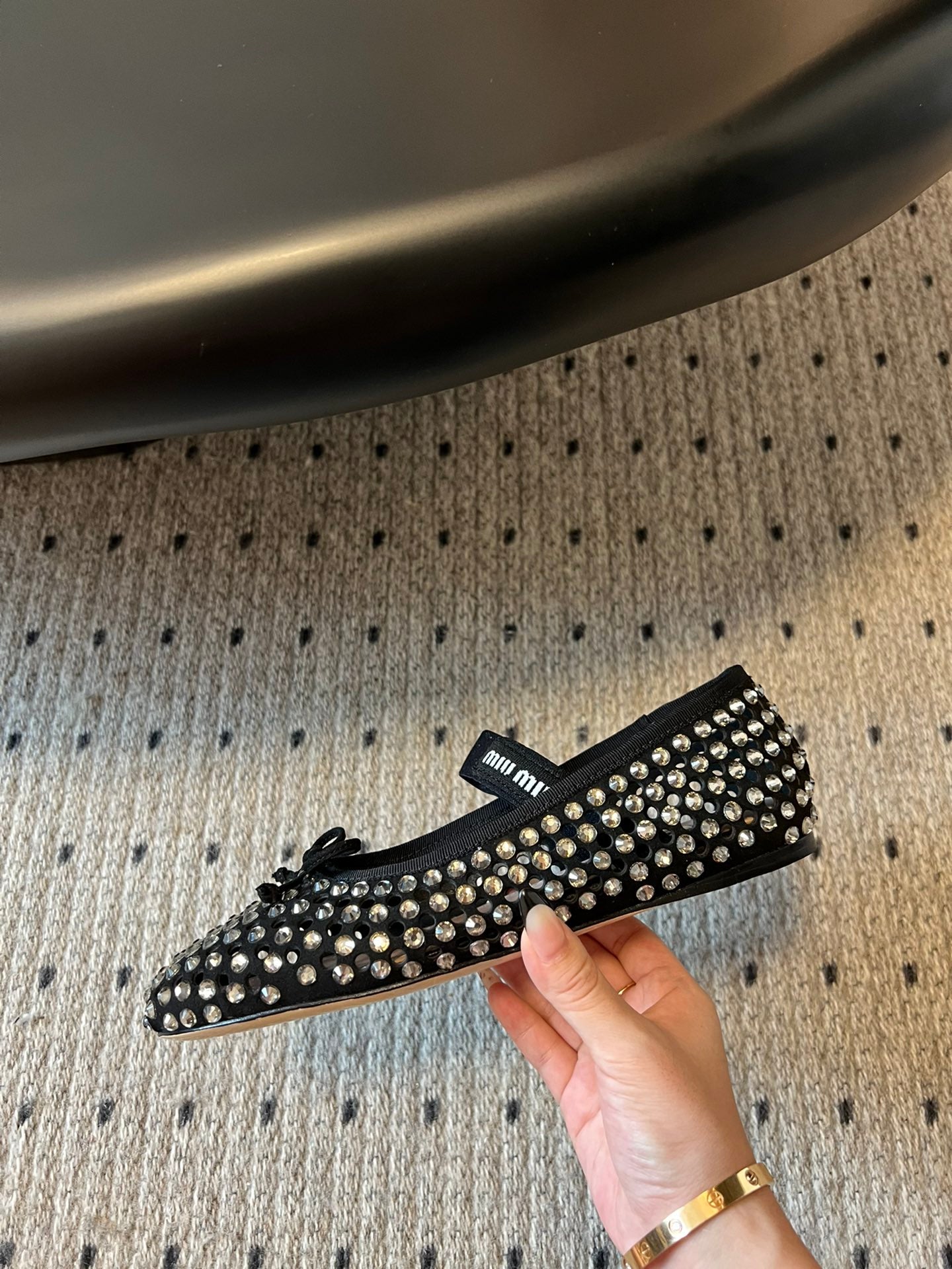 MIUMIU 26S BALLERINA FLATS IN BLACK MESH CALFSKIN WITH RHINESTONES