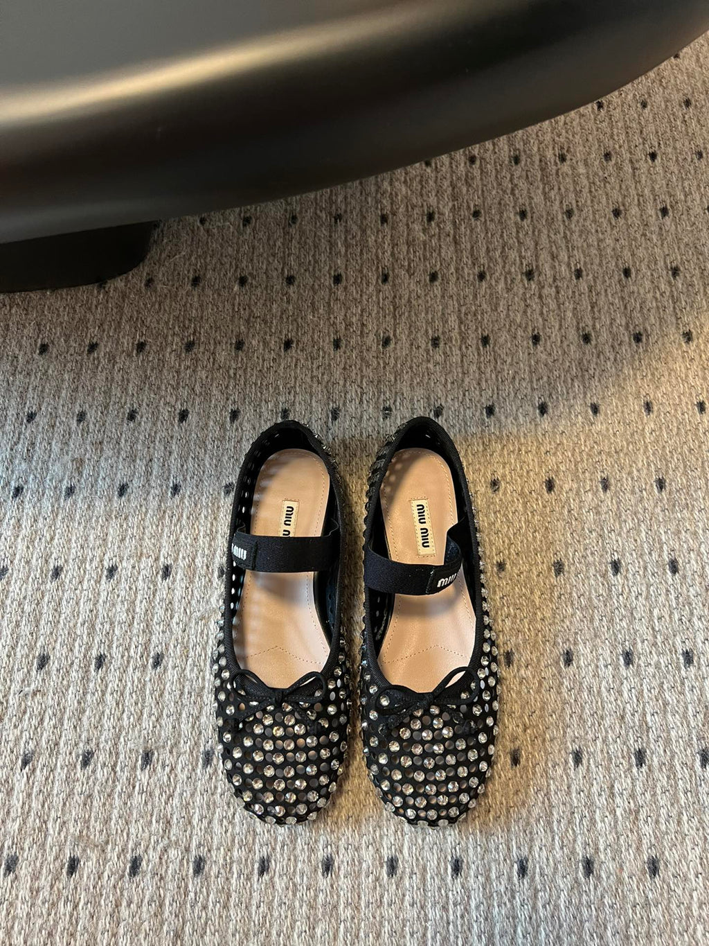 MIUMIU 26S BALLERINA FLATS IN BLACK MESH CALFSKIN WITH RHINESTONES