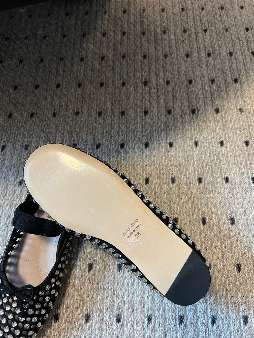 MIUMIU 26S BALLERINA FLATS IN BLACK MESH CALFSKIN WITH RHINESTONES