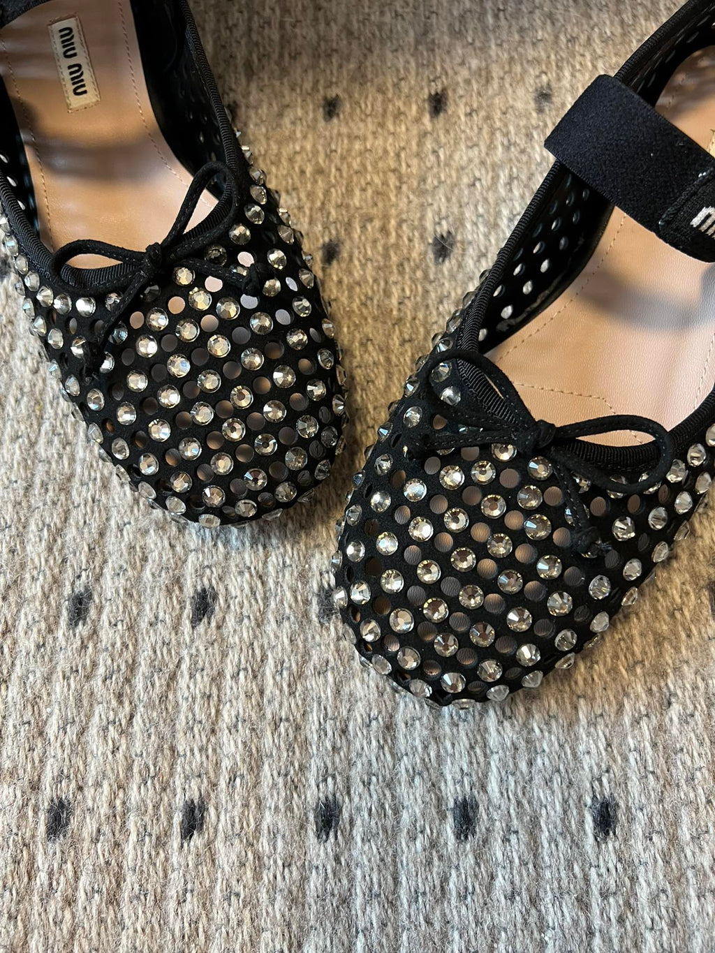 MIUMIU 26S BALLERINA FLATS IN BLACK MESH CALFSKIN WITH RHINESTONES