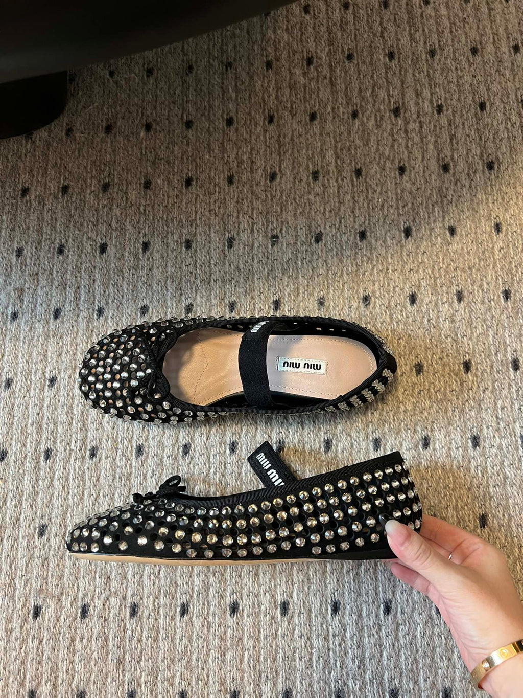 MIUMIU 26S BALLERINA FLATS IN BLACK MESH CALFSKIN WITH RHINESTONES
