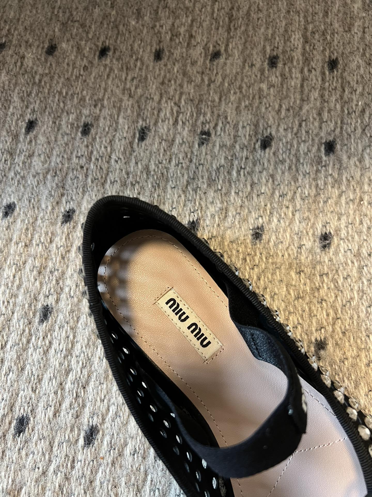 MIUMIU 26S BALLERINA FLATS IN BLACK MESH CALFSKIN WITH RHINESTONES