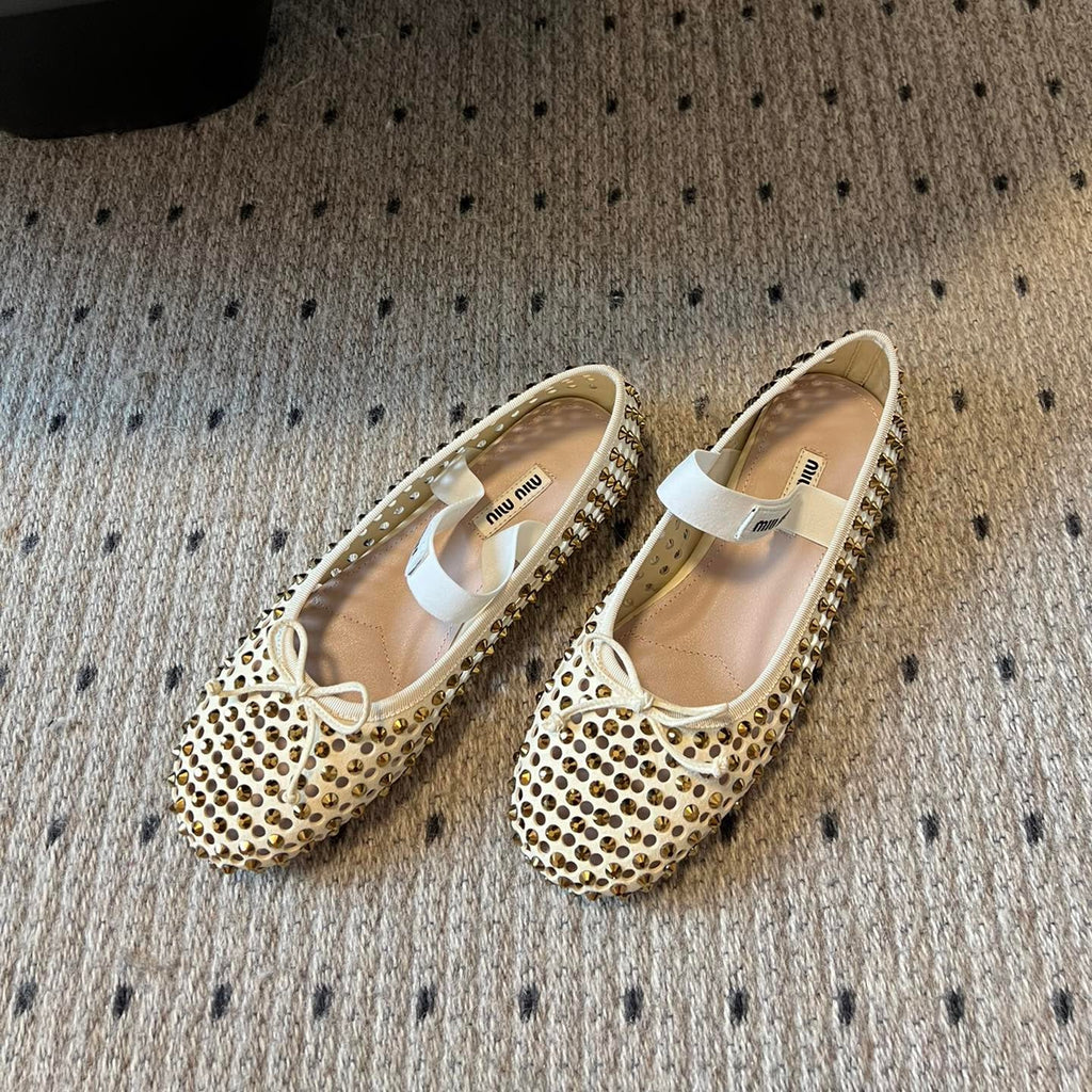 MIUMIU 26S BALLERINA FLATS IN LIGHT BEIGE MESH CALFSKIN WITH RHINESTONES