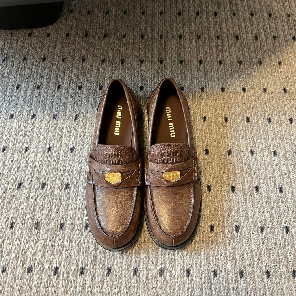 MIUMIU 26S PENNY LOAFERS IN BROWN CALFSKIN GOLD HARDWARE