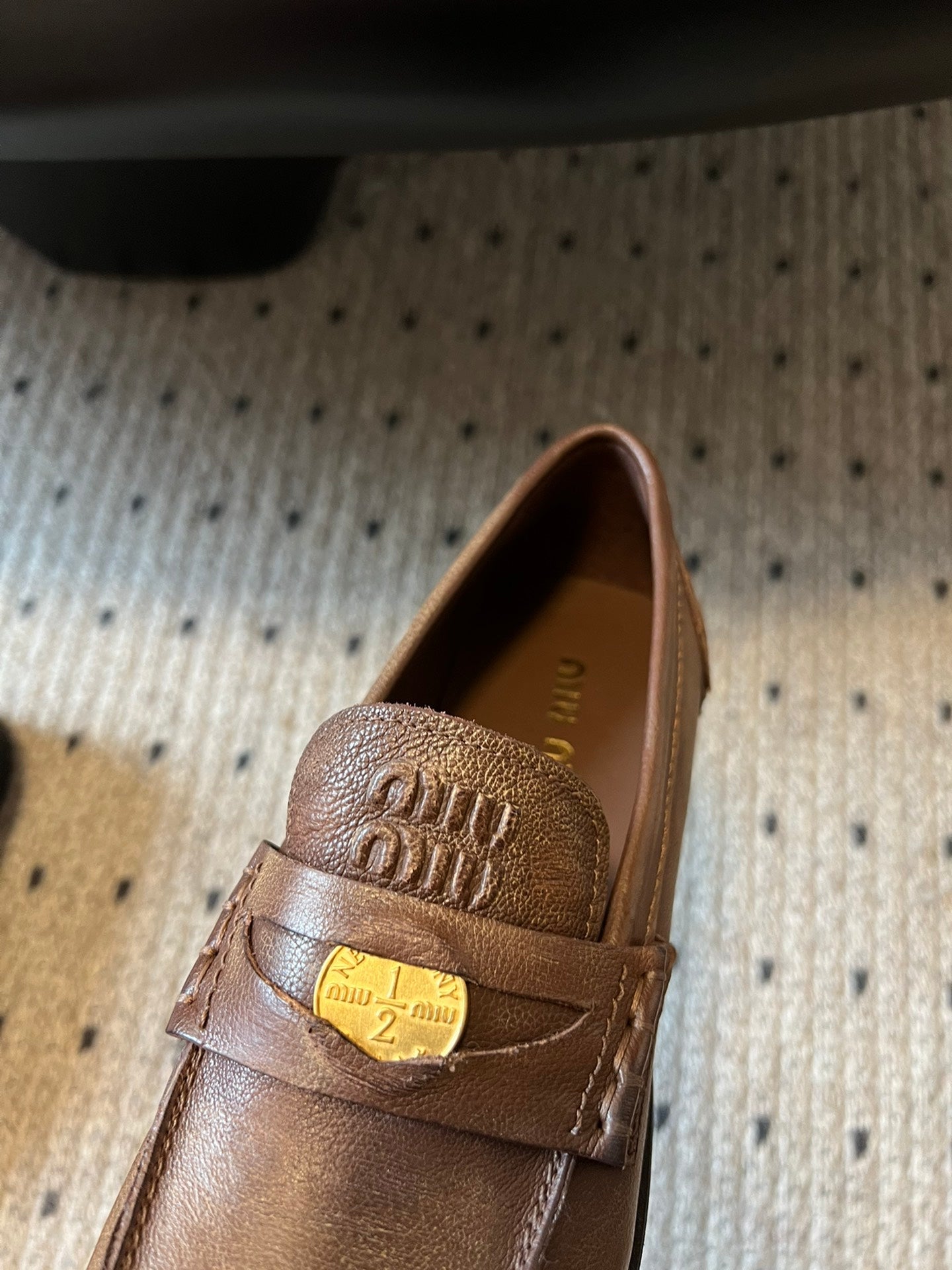 MIUMIU 26S PENNY LOAFERS IN BROWN CALFSKIN GOLD HARDWARE