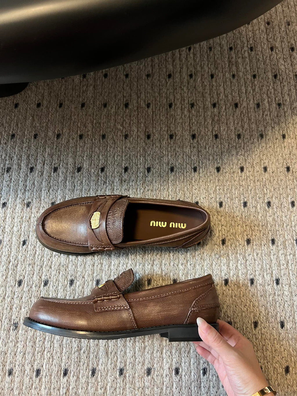 MIUMIU 26S PENNY LOAFERS IN BROWN CALFSKIN GOLD HARDWARE
