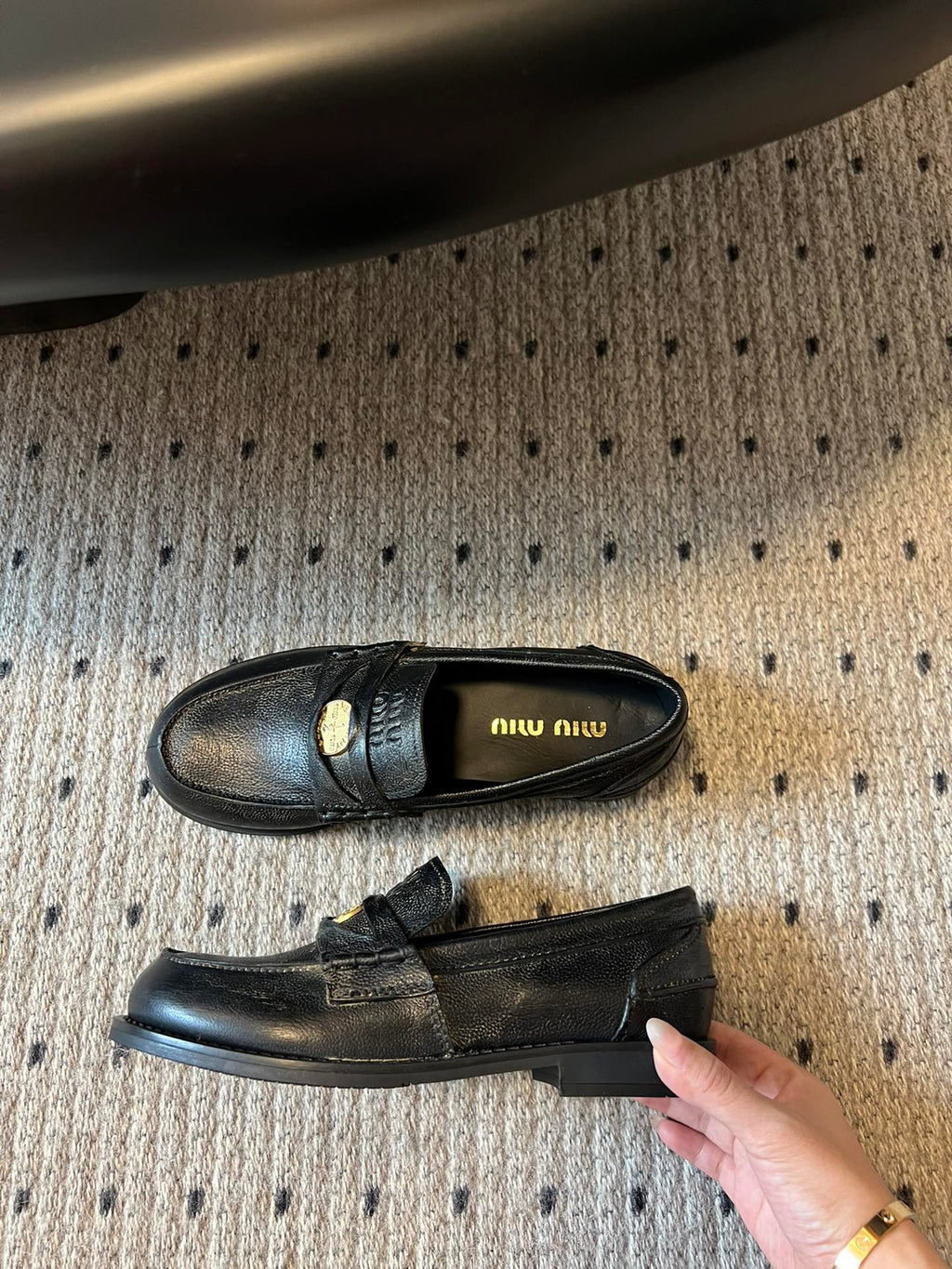 MIUMIU 26S PENNY LOAFERS IN BLACK CALFSKIN GOLD HARDWARE