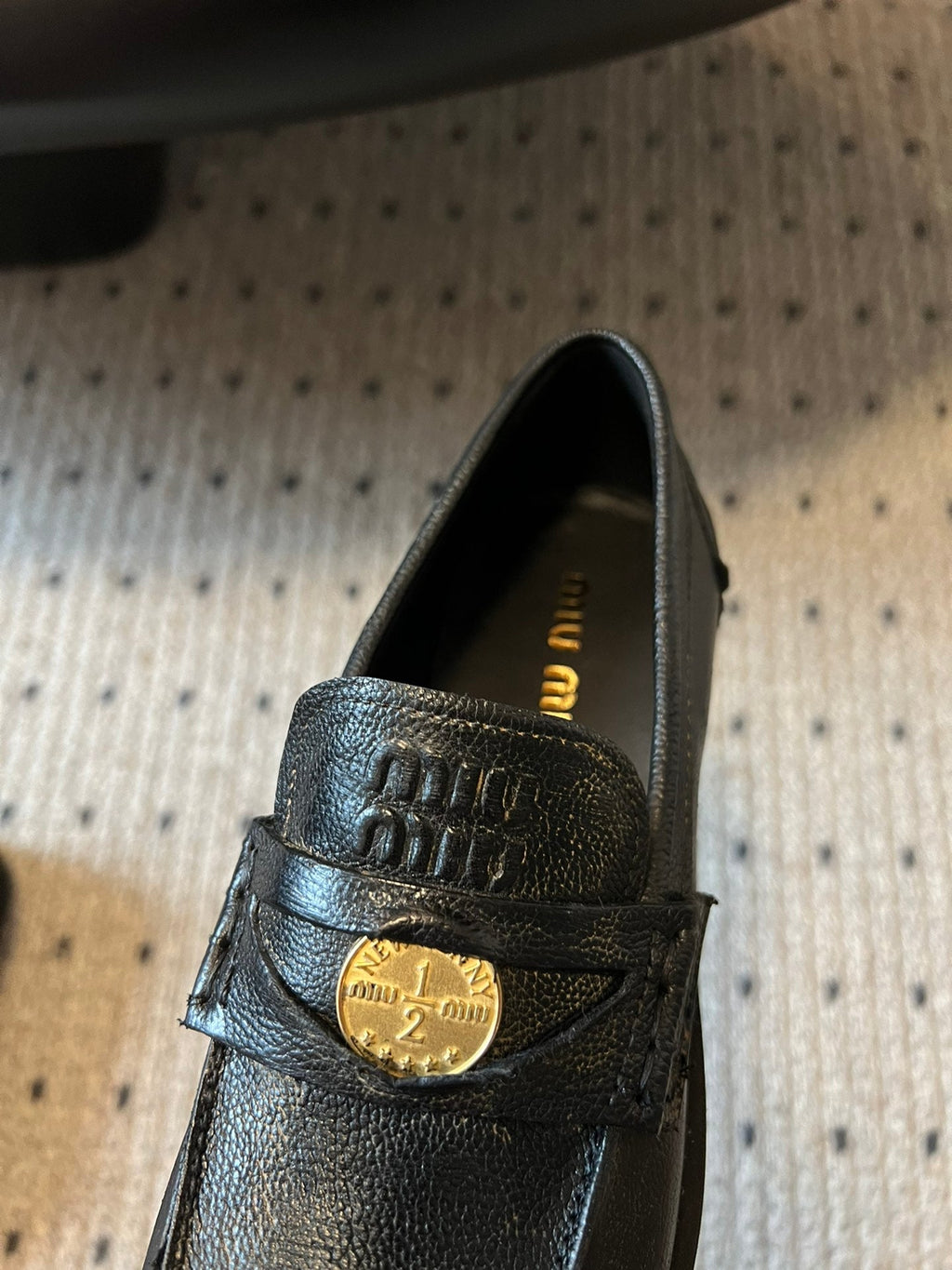 MIUMIU 26S PENNY LOAFERS IN BLACK CALFSKIN GOLD HARDWARE