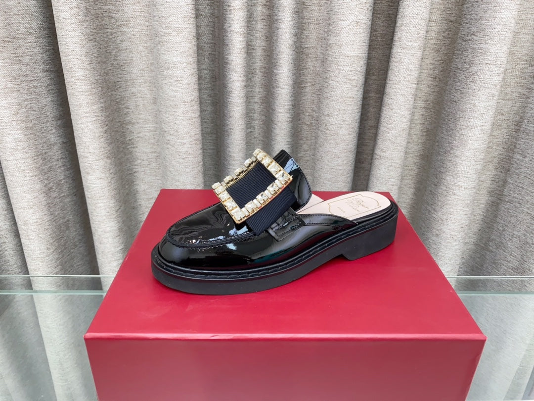 VIV' RANGERS MULES IN BLACK PATENT CALFSKIN CRYSTAL BUCKLE