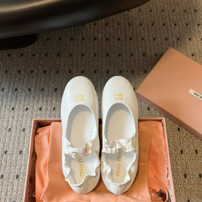 MIUMIU 26S BALLERINAS IN WHITE RUCHES NAPPA CALFSKIN