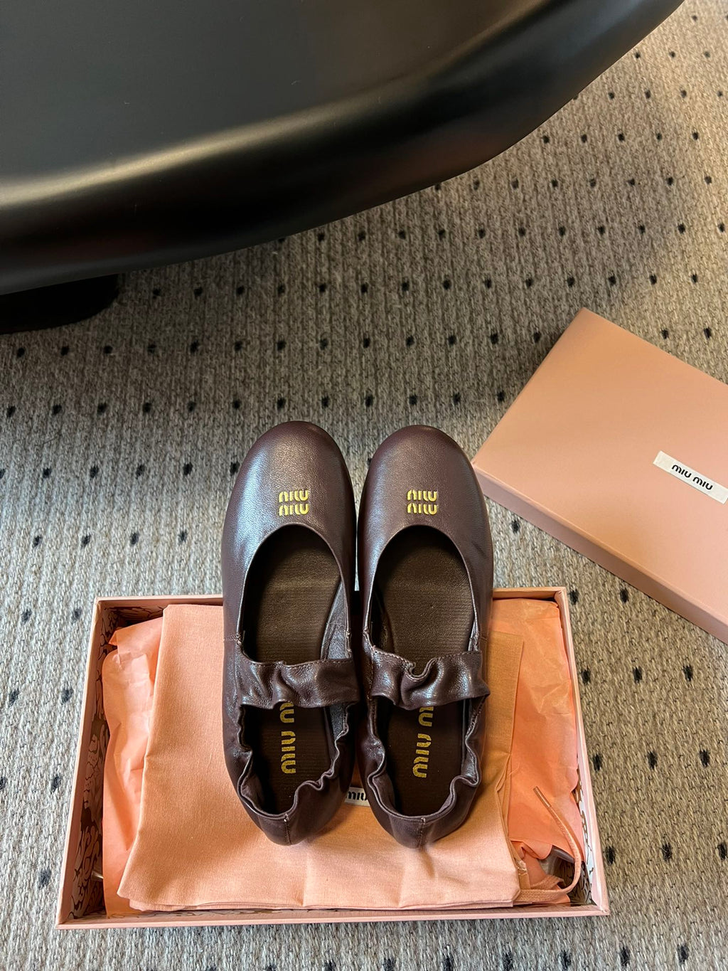 MIUMIU 26S BALLERINAS IN DARK BROWN RUCHES NAPPA CALFSKIN