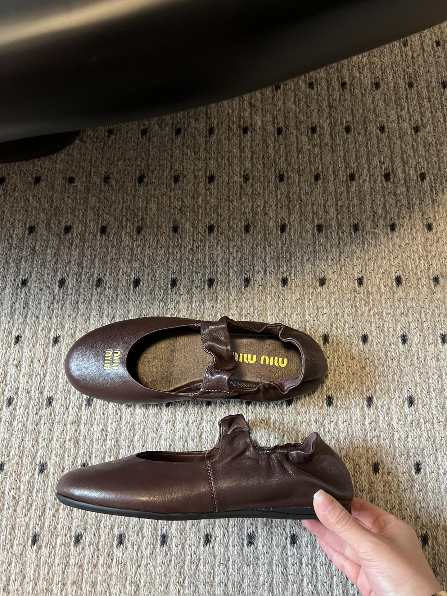 MIUMIU 26S BALLERINAS IN DARK BROWN RUCHES NAPPA CALFSKIN