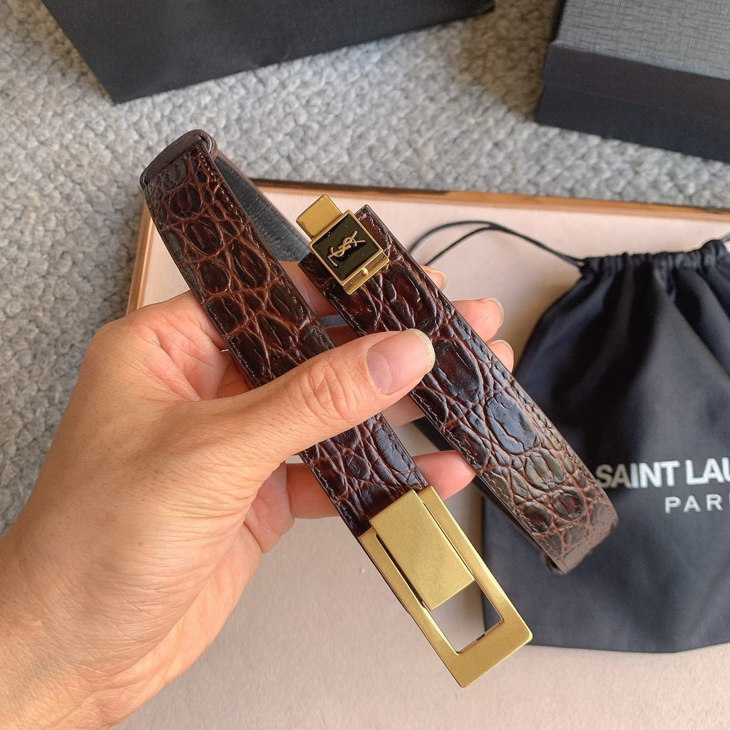YSL 25S BELT 24 MM IN DARK BROWN EMBOSSED CALFSKIN 529686