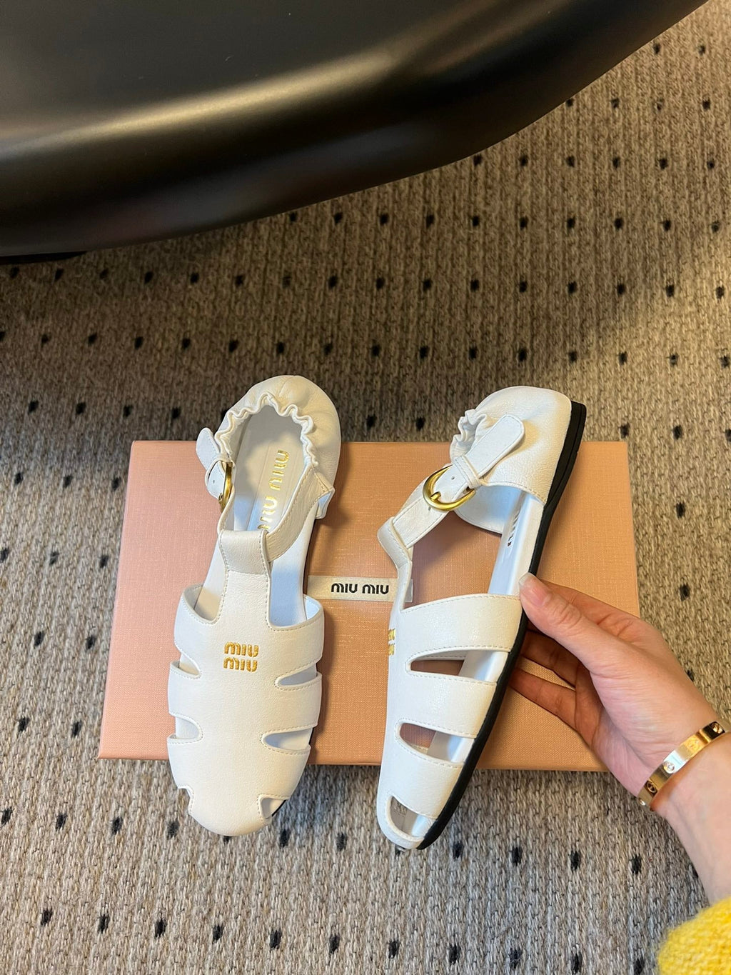 MIUMIU 26S FISHERMAN SANDALS IN WHITE RUCHES NAPPA CALFSKIN