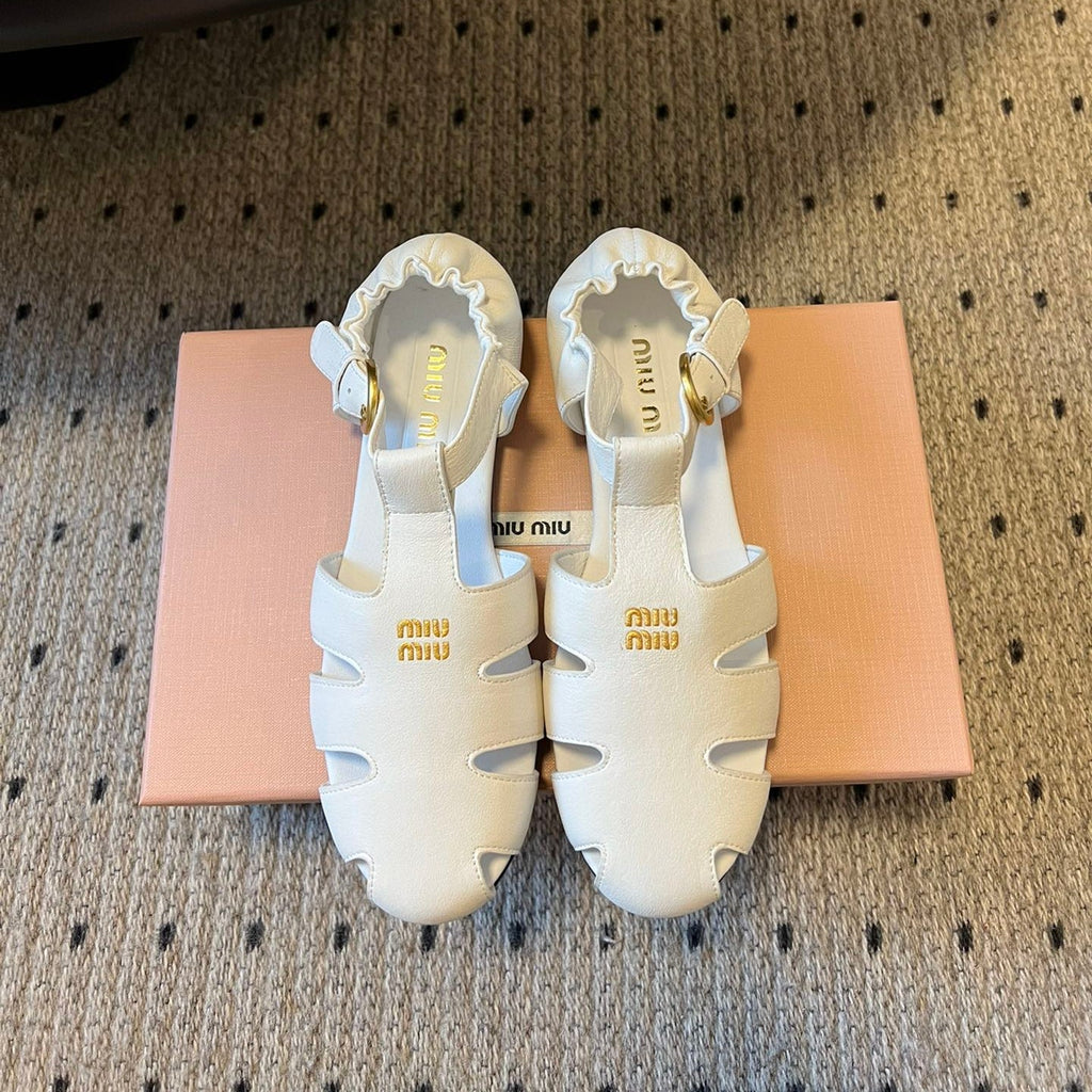 MIUMIU 26S FISHERMAN SANDALS IN WHITE RUCHES NAPPA CALFSKIN