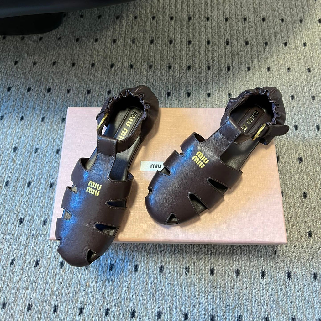 MIUMIU 26S FISHERMAN SANDALS IN DARK BROWN RUCHES NAPPA CALFSKIN