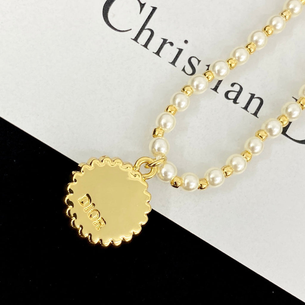 CD 26S CD LOGO PEARL BEADED MEDALLION PENDANT NECKLACE IN GOLD METAL