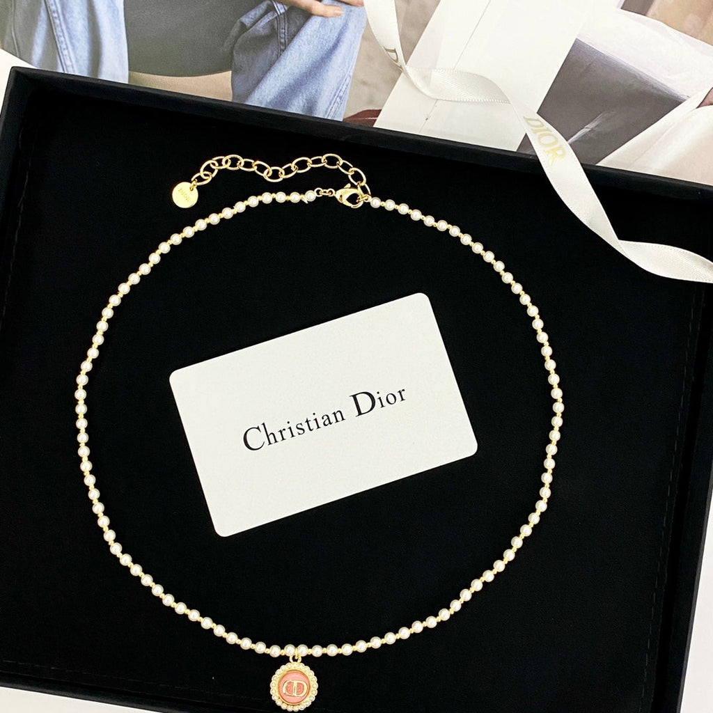 CD 26S CD LOGO PEARL BEADED PENDANT NECKLACE IN GOLD METAL