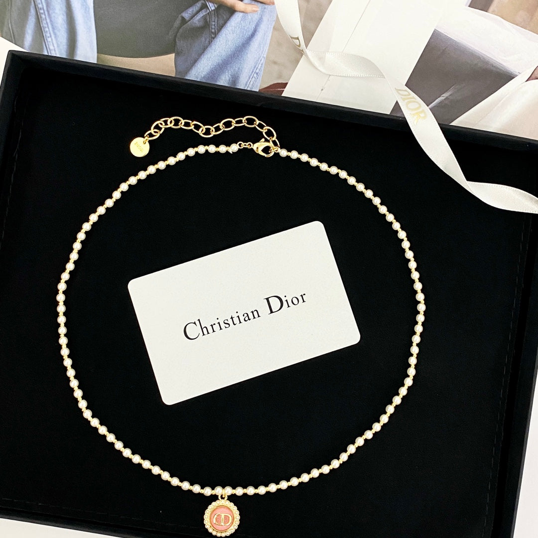 CD 26S CD LOGO PEARL BEADED PENDANT NECKLACE IN GOLD METAL