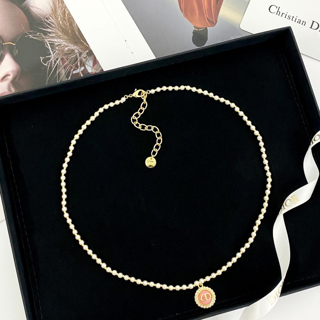 CD 26S CD LOGO PEARL BEADED PENDANT NECKLACE IN GOLD METAL