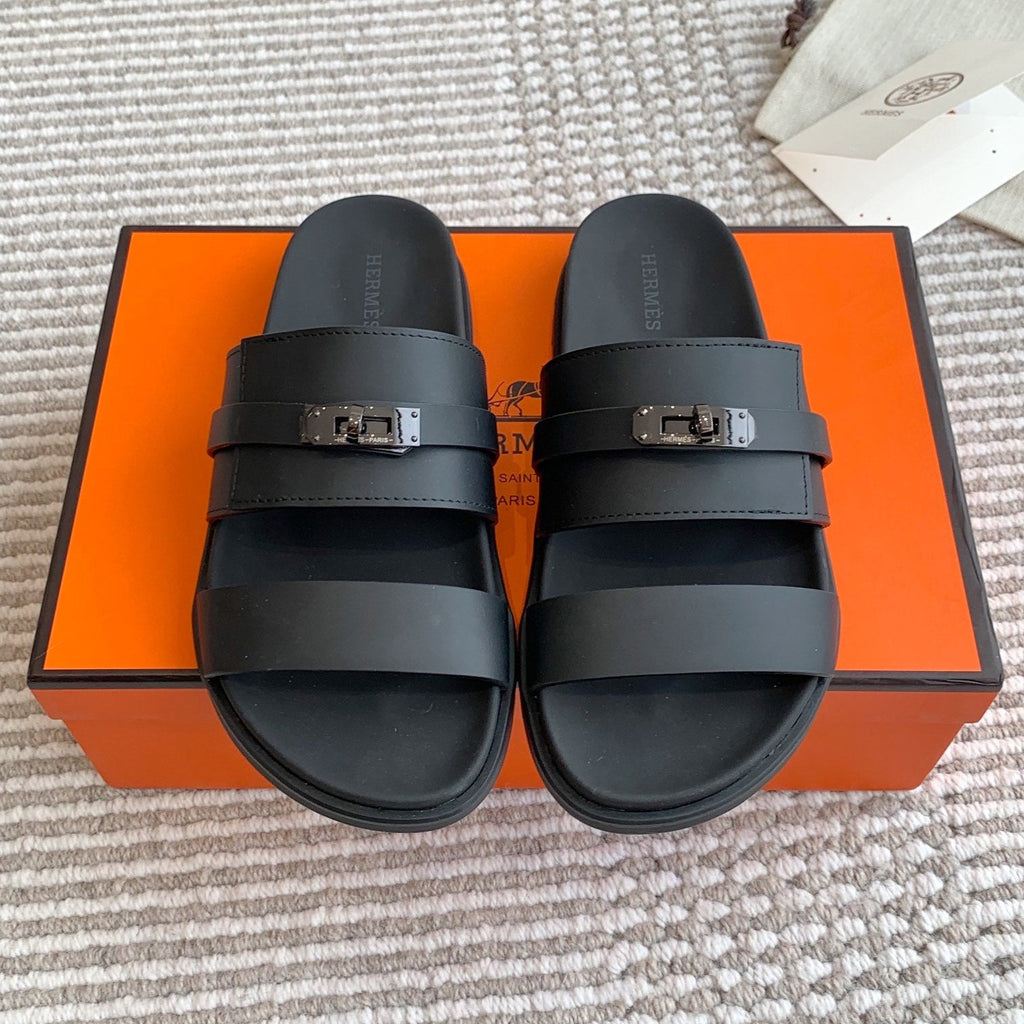 HM 26S KELLY BUCKLE DOUBLE STRAP SANDALS IN BLACK CALFSKIN BLACK HARDWARE
