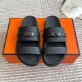 HM 26S KELLY BUCKLE DOUBLE STRAP SANDALS IN BLACK CALFSKIN BLACK HARDWARE