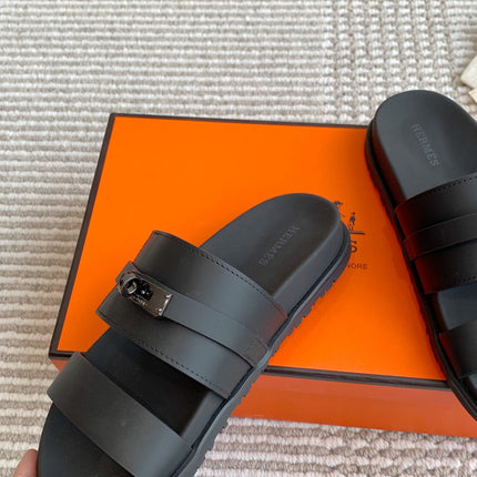 HM 26S KELLY BUCKLE DOUBLE STRAP SANDALS IN BLACK CALFSKIN BLACK HARDWARE