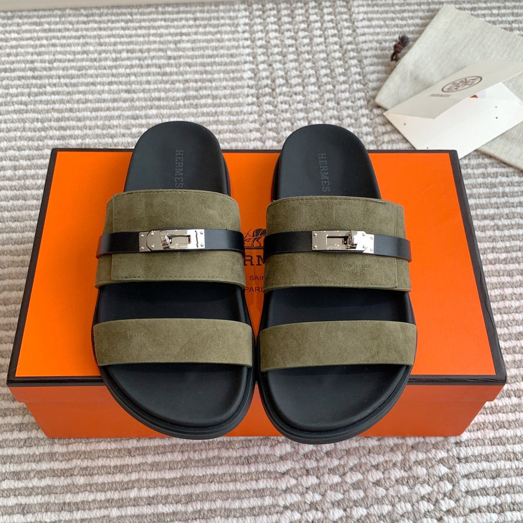 HM 26S KELLY BUCKLE DOUBLE STRAP SANDALS IN MOSS GREEN SUEDE SILVER HARDWARE