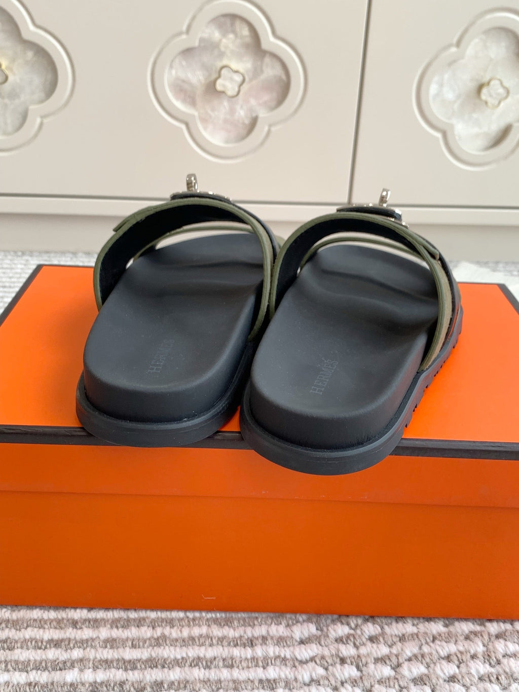 HM 26S KELLY BUCKLE DOUBLE STRAP SANDALS IN MOSS GREEN SUEDE SILVER HARDWARE