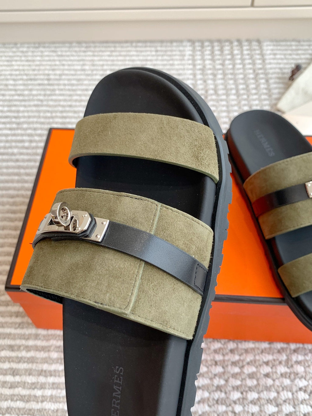 HM 26S KELLY BUCKLE DOUBLE STRAP SANDALS IN MOSS GREEN SUEDE SILVER HARDWARE
