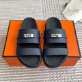 HM 26S KELLY BUCKLE DOUBLE STRAP SANDALS IN NAVY BLUE CALFSKIN SILVER HARDWARE