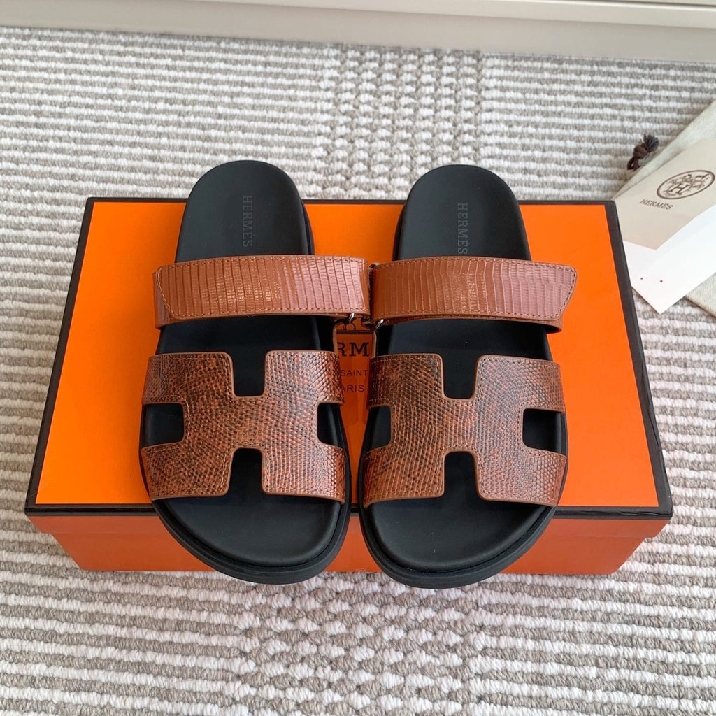 HM 26S CHYPRE SANDALS IN BROWN LIZARD EMBOSSED CALFSKIN