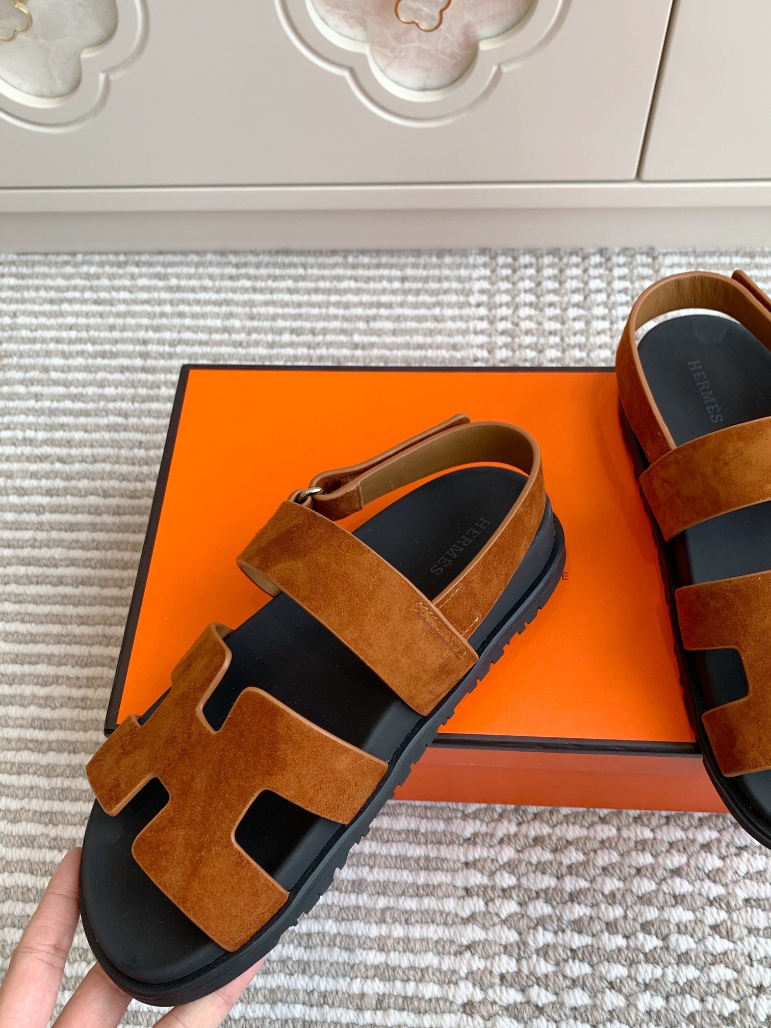 HM 26S CHYPRE SANDAL WITH BACK STRAP IN CARAMEL BROWN SUEDE