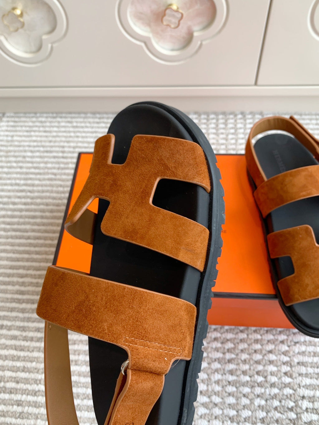 HM 26S CHYPRE SANDAL WITH BACK STRAP IN CARAMEL BROWN SUEDE