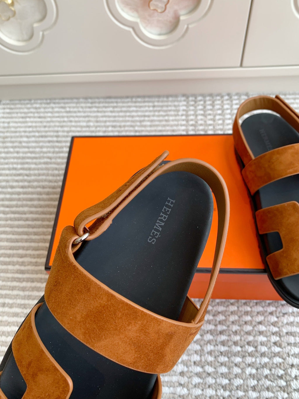 HM 26S CHYPRE SANDAL WITH BACK STRAP IN CARAMEL BROWN SUEDE