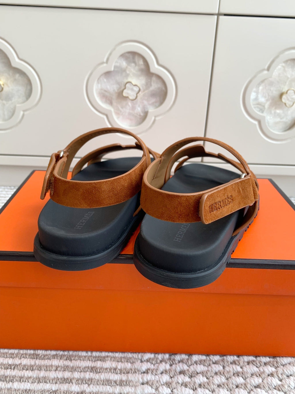 HM 26S CHYPRE SANDAL WITH BACK STRAP IN CARAMEL BROWN SUEDE