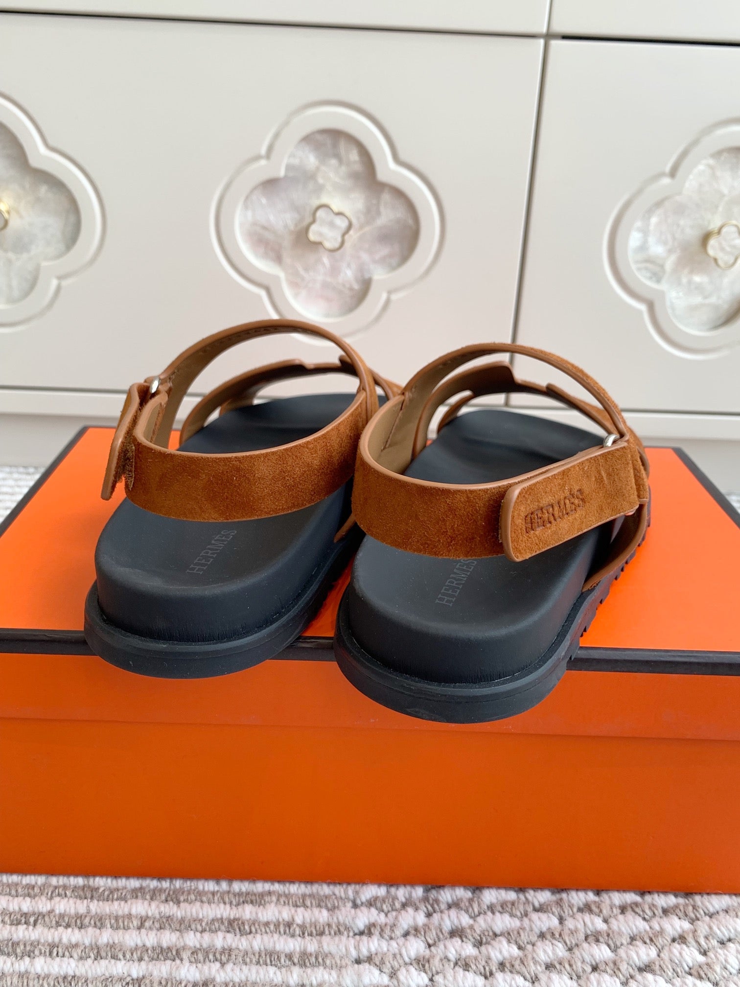 HM 26S CHYPRE SANDAL WITH BACK STRAP IN CARAMEL BROWN SUEDE