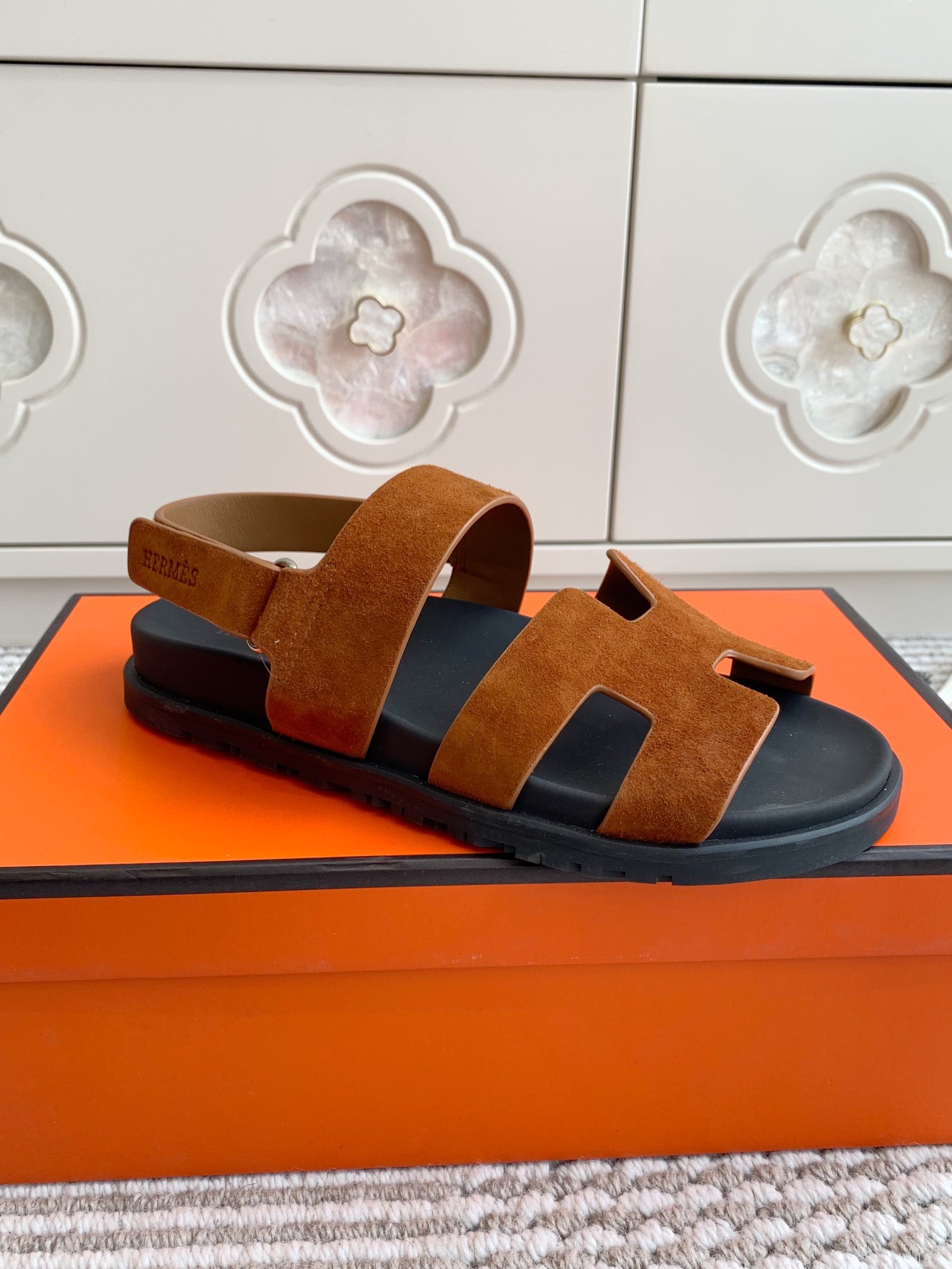 HM 26S CHYPRE SANDAL WITH BACK STRAP IN CARAMEL BROWN SUEDE