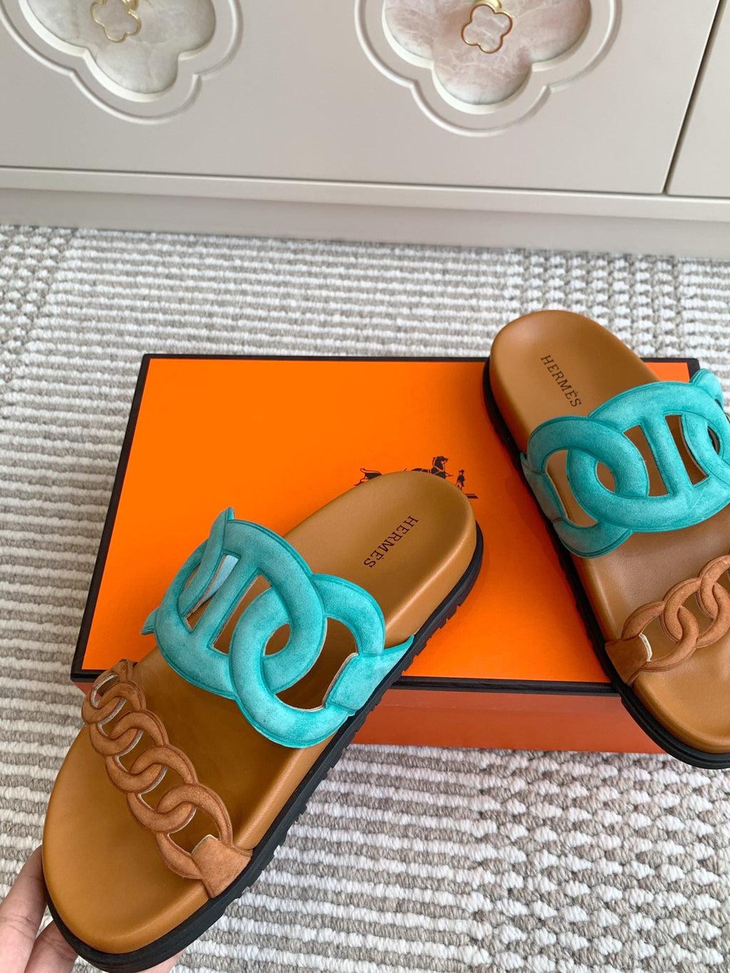 HM 26S EXTRA SANDAL IN AQUA BLUE MIX CARAMEL BROWN CALFSKIN AND SUEDE