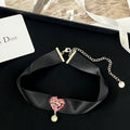 CD 26S HEART CRYSTAL PEARL DROP RIBBON CHOKER NECKLACE IN GOLD METAL