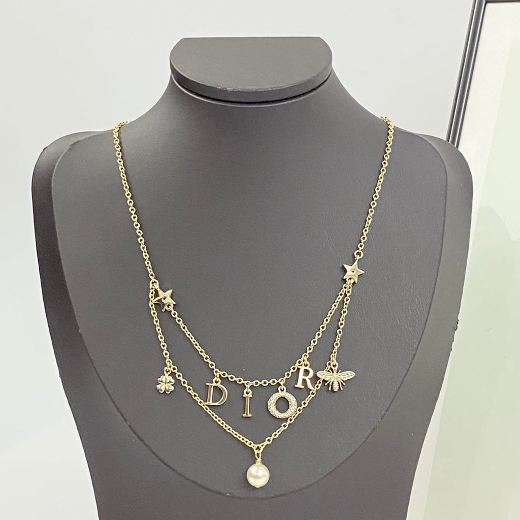 CD 26S MULTI CHARM LAYERED DIOR NECKLACE WITH PEARL DROP IN GOLD TONE 631779