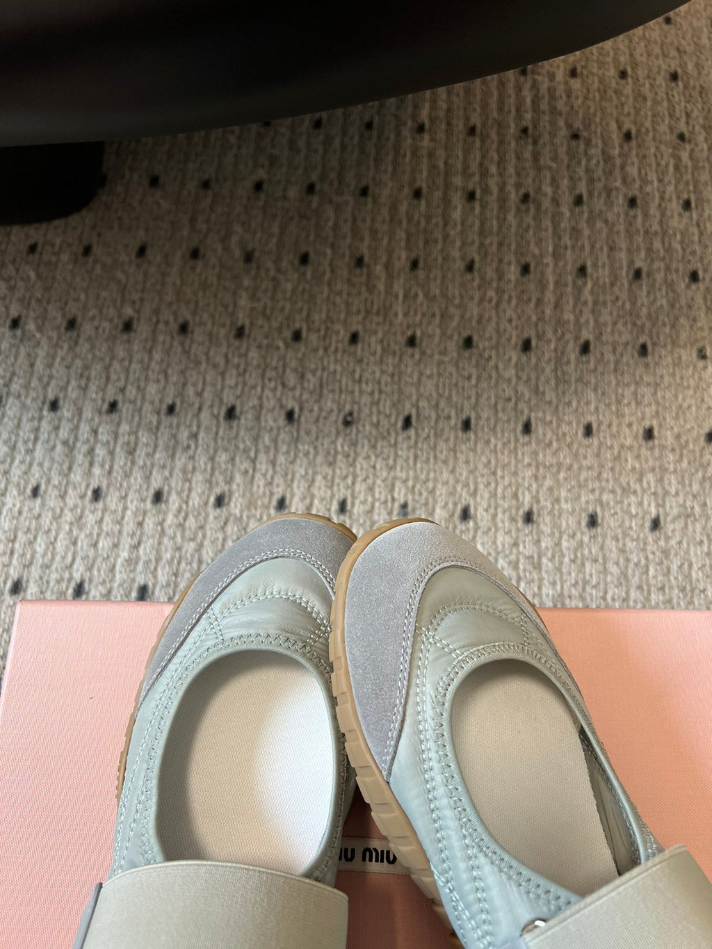 MIUMIU 26S BALLERINAS SHOES IN SAGE GREEN TYRE TECHNICAL FABRIC GREY SUEDE