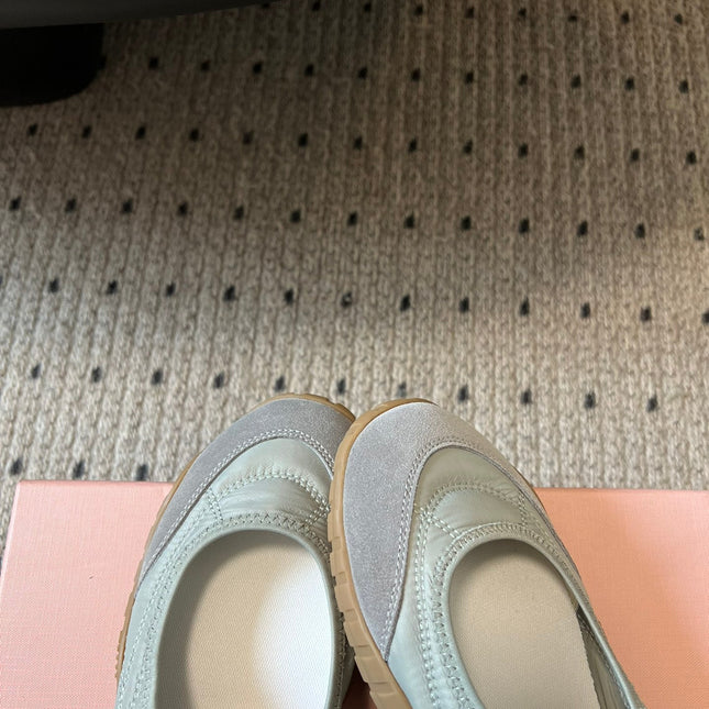 MIUMIU 26S BALLERINAS SHOES IN SAGE GREEN TYRE TECHNICAL FABRIC GREY SUEDE
