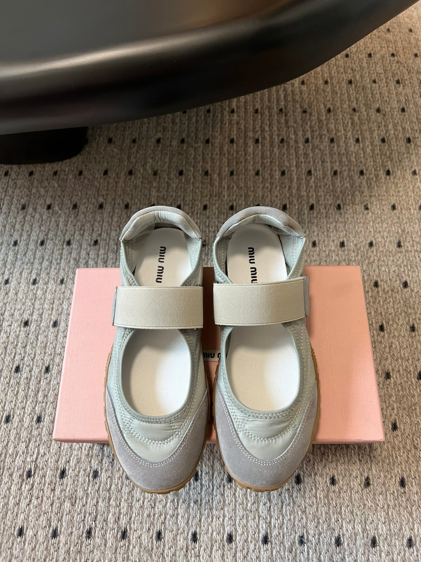 MIUMIU 26S BALLERINAS SHOES IN SAGE GREEN TYRE TECHNICAL FABRIC GREY SUEDE