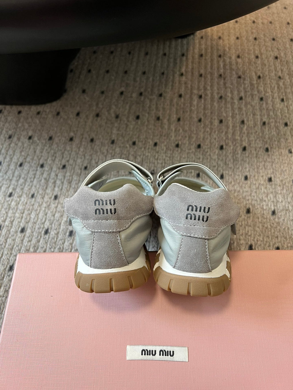 MIUMIU 26S BALLERINAS SHOES IN SAGE GREEN TYRE TECHNICAL FABRIC GREY SUEDE