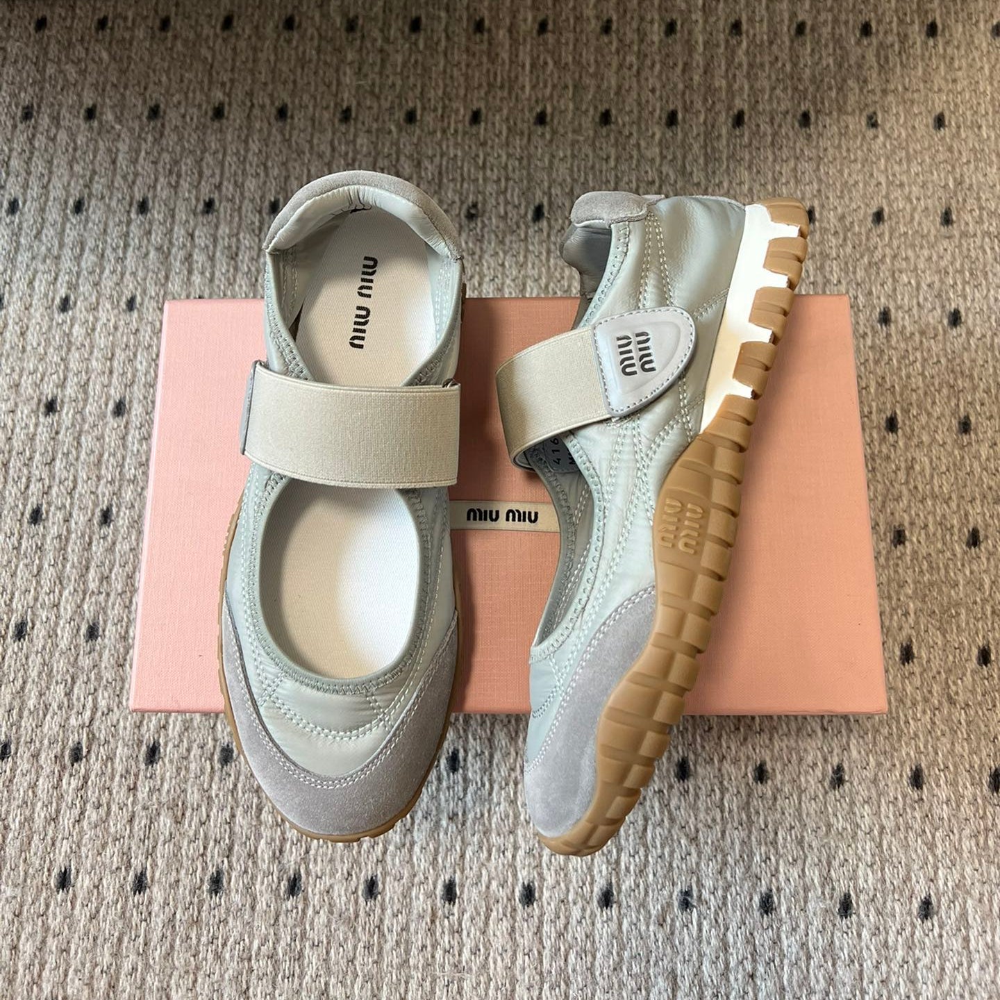 MIUMIU 26S BALLERINAS SHOES IN SAGE GREEN TYRE TECHNICAL FABRIC GREY SUEDE